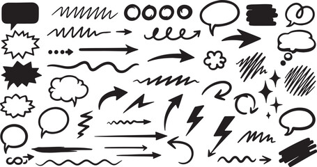 Assortment Of Hand Drawn Arrows Speech Bubbles And Abstract Shapes direction pointer on white background also transparent background