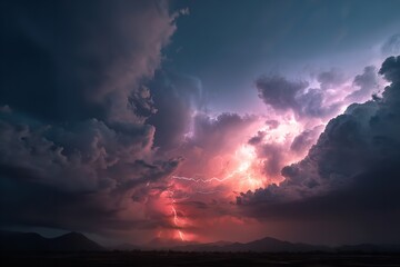 Dramatic lightning illuminates stormy skies with vibrant pink and purple clouds above distant mountain silhouettes