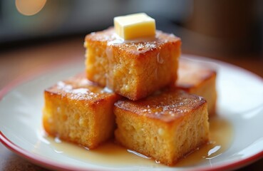 Golden fried bread cubes stacked on plate with butter melting on top. Drizzled with sweet syrup, dusted with powdered sugar. Delicious breakfast or dessert treat.