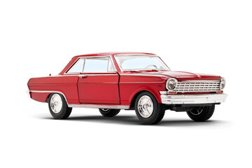 Fototapeta premium Right side front view of a red colored muscle model toy car photographed on a transparent background