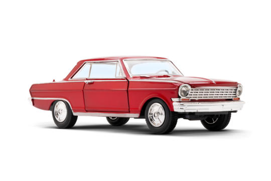  Right side front view of a red colored muscle model toy car photographed on a transparent background