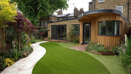 Modern garden sanctuary featuring a curved wooden studio vibrant flower beds and a winding stone pathway leading to lush green lawn