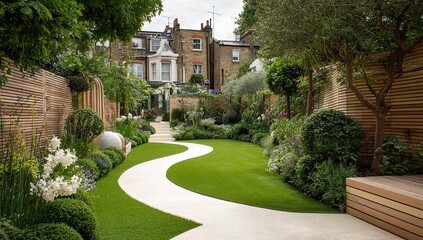 Serene contemporary garden oasis with winding path lush greenery and elegant modern architecture perfect for tranquil escapes