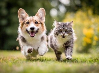 A corgi and cat gleefully sprint forward on grass, facing the camera with happy expressions