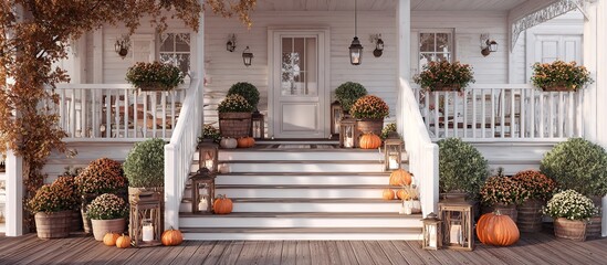 Charming autumn porch decorated with pumpkins mums and lanterns creates a warm inviting seasonal welcome