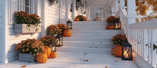 Warm autumn porch welcomes with pumpkins mums and glowing lanterns creating a cozy festive atmosphere for fall celebrations