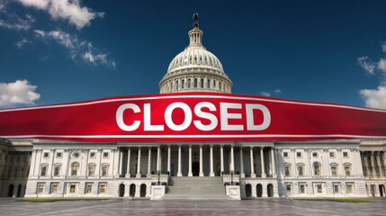 Obraz na płótnie Canvas U.S. Capitol with giant closed banner symbolizing American government shutdown and political crisis