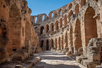 Majestic ancient Roman amphitheater ruins bathed in warm sunlight evoking historical grandeur and timeless travel adventures