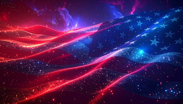 Digital American flag, vibrant colors, glowing stars - Powered by Adobe
