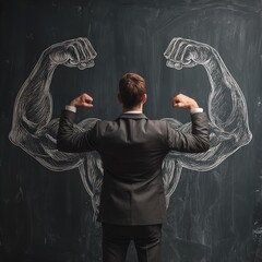 Confident businessman flexing powerful drawn muscles on chalkboard embodying strength and business success