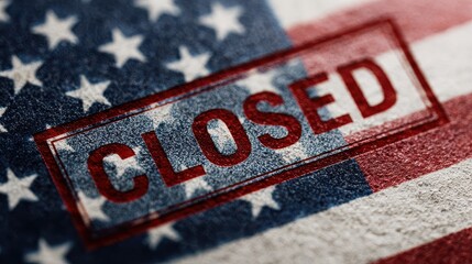 Closed stamp on American flag symbolizing USA government shutdown and political crisis