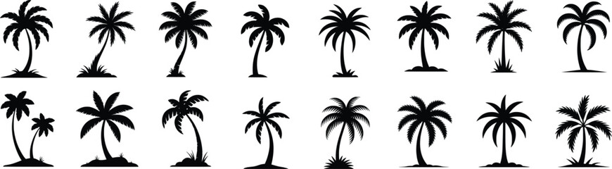 Obraz premium Tropical Palm Tree Silhouette Vector Icon Set 