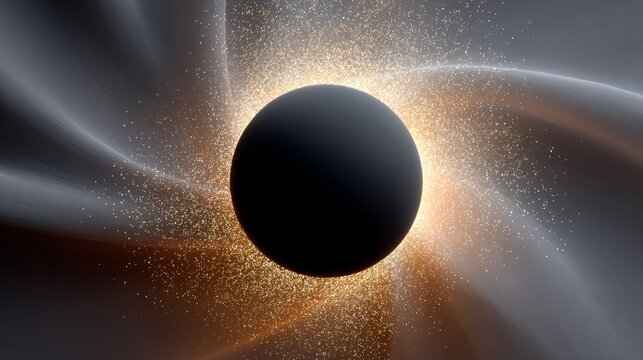 Black circle with a lot of gold dust surrounding it. The circle is the center of the image and the gold dust is scattered around it. The image has a mysterious and ethereal feel to it