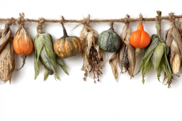 Autumn harvest display with pumpkins and corn hanging on a rustic twine isolated on white for seasonal decoration