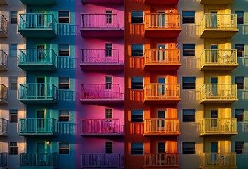 Vibrant modern building facade with colorful balconies bathed in warm golden hour sunlight creating a lively urban scene