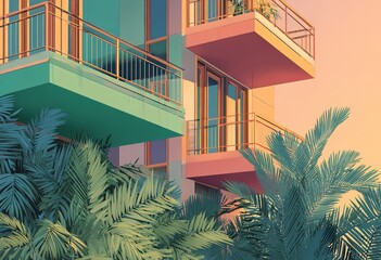 Vibrant modern apartment balconies with lush palm fronds create a tropical oasis vibe in warm sunset light