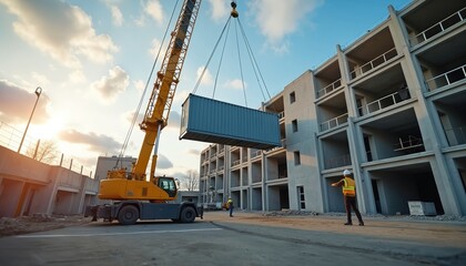 Crane hoists container at construction site. Worker guides modular unit placement for hospital expansion. Heavy equipment operation on new building project.