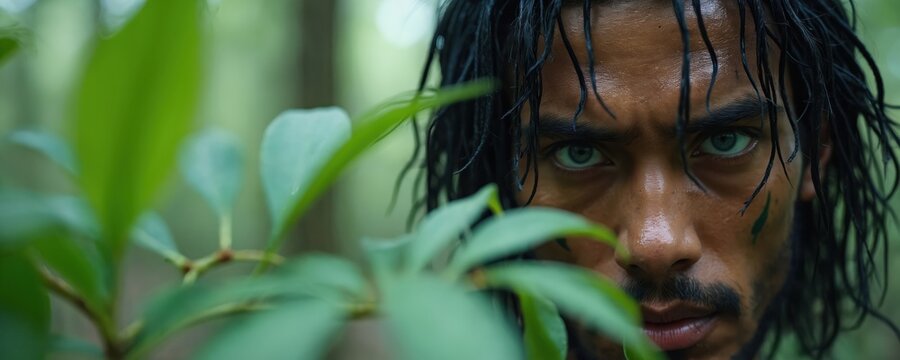 Close up photo of serious man in forest. Male with intense eyes stares from green leaves. Portrait of strong determined person in jungle. Survival concept.