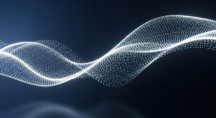 Abstract flowing particles wave on dark blue background. Digital light energy grid, futuristic data stream concept or sound visualization.