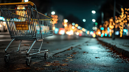 An empty shopping cart sits alone on a wet city street at night reflecting the beautiful blurred glow of urban and holiday lights