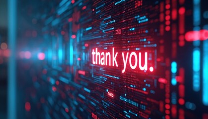 Digital art shows data flow with a thank you message. Cybernetic illustration displays appreciation in tech style. Visualizes gratitude in modern digital world with cyber elements.