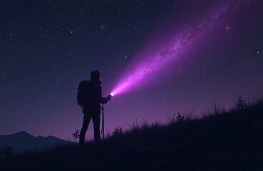 Person with flashlight explores night landscape. Man hiking on hill under starry sky. Silhouette of explorer uses light beam path through the dark. Nighttime journey in nature.