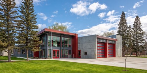 Modern fire station with red accents and large bay doors showcases efficient emergency response architecture under a blue sky