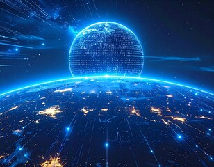 Digital Earth, glowing code sphere above