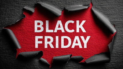 The words Black Friday are revealed through a torn hole in a black textured surface showing a vibrant red background underneath