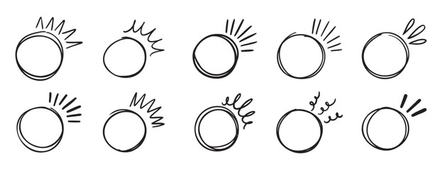 circle brackets doodle line for quotation set. sparkle ray elements. Hand drawn round frame for title or headline. Speech bubble blob circle for design