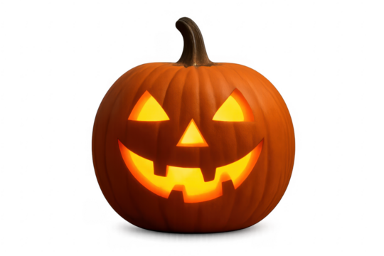 Carved halloween pumpkin jack-o'-lantern glowing smiling on transparent background