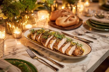 Elegant dinner party setting features perfectly sliced roasted chicken with herbs and lemon zest illuminated by warm candlelight
