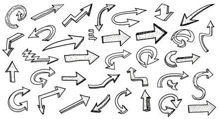 Collection of Hand Drawn Arrows Demonstrating Direction and Movement in a Sketchy Artistic Style
