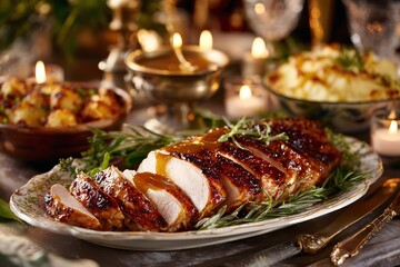 Savor the delicious taste of a perfectly roasted glazed turkey breast centerpiece with savory sides and warm candlelight