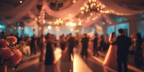 Elegant wedding reception party with dancing guests and romantic bokeh lighting creating a magical atmosphere