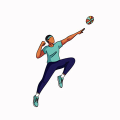 Naklejka premium An illustration shows a person leaping to spike a volleyball during a game, emphasizing action and athleticism.