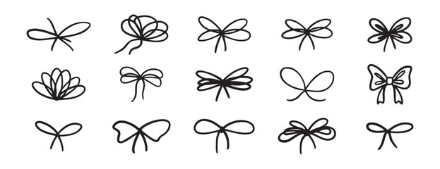 Crayon bow gift ribbons. Bowknot for planner diary, package or letter. Bow line stroke clipart grunge style. Vector chalk bows element set