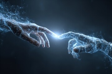 Divine connection of glowing digital hands sparking with vibrant energy and futuristic network lines against dark background