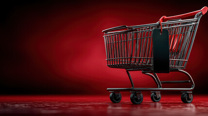 An empty shopping cart with a Black Friday tag against a vibrant red backdrop announces a major sale event