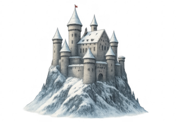 Fantasy medieval castle on snowy mountain, transparent background