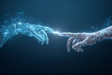 Digital hands reaching out connecting in a luminous network symbolizing innovation AI and future technology integration