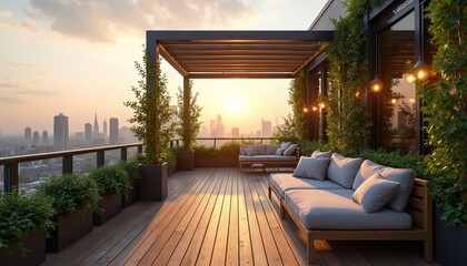 Rooftop terrace with cityscape at sunset. Outdoor living space features wooden decking and sofas. Plants and decorative lights add to the ambiance. Luxury apartment balcony overlooks city buildings.