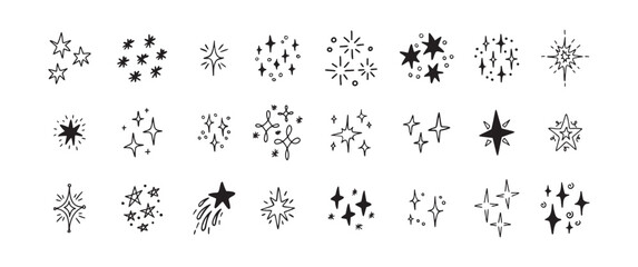 Star Shine Sparkle Hand Drawn Doodle set. Glitter Icon