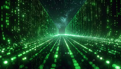 Digital tunnel of green binary code, leading into starry void