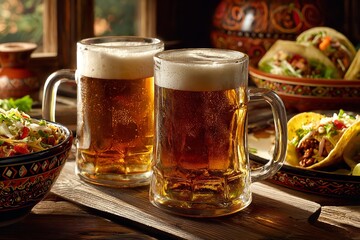 Savor the perfect duo refreshing cold beer and delicious tacos creating a vibrant atmosphere for any gathering or meal