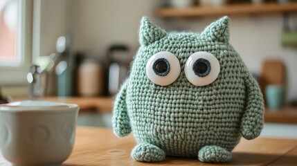 Charming small crochet monster toy featuring oversized eyes displayed on a kitchen countertop