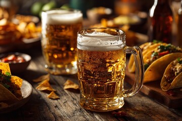 Enjoy crisp golden beer and savory tacos on a rustic wooden table perfect for casual gatherings and celebrations