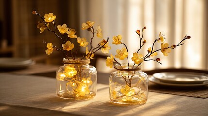 Two clear glass jars, filled with small yellow blossoms and fairy lights, sit on a light beige tablecloth.  Soft natural light casts shadows