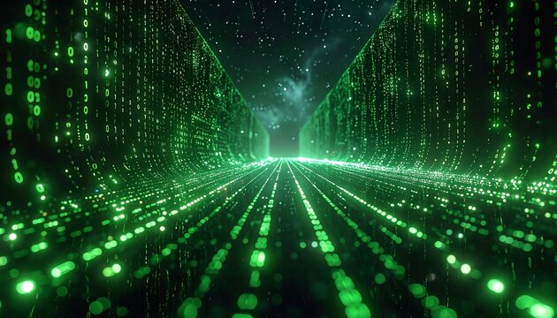 Digital tunnel of green binary code, leading into starry void