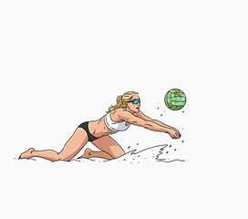 Woman takes a difficult ball in a game of beach volleyball